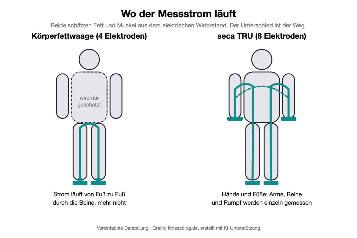 Grafik: Stromweg bei einer Körperfettwaage mit vier Elektroden und bei der seca TRU mit acht Elektroden