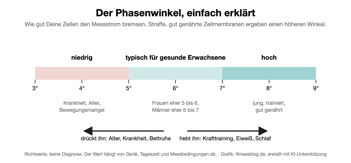 Grafik: Phasenwinkel-Skala von 3 bis 9 Grad mit Einordnung niedrig, typisch, hoch
